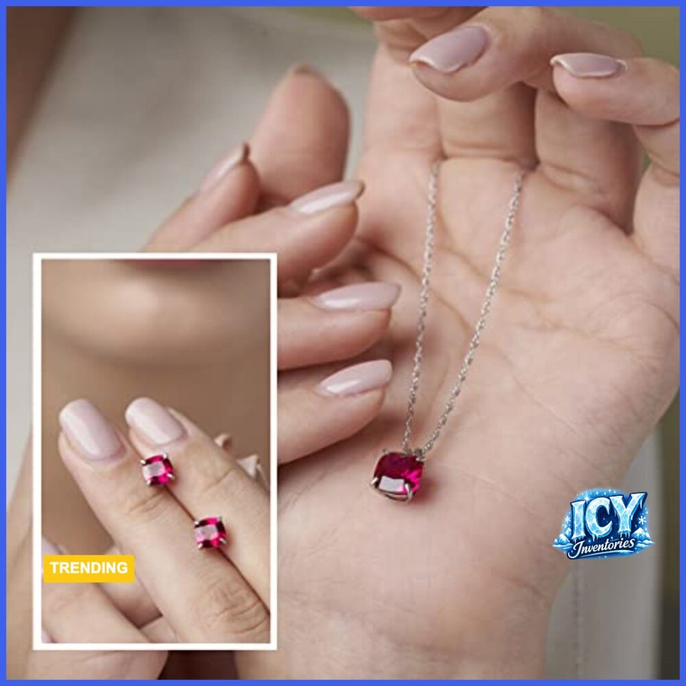 Sterling Silver Cushion Cut Created Ruby Stud Ear… - image 4